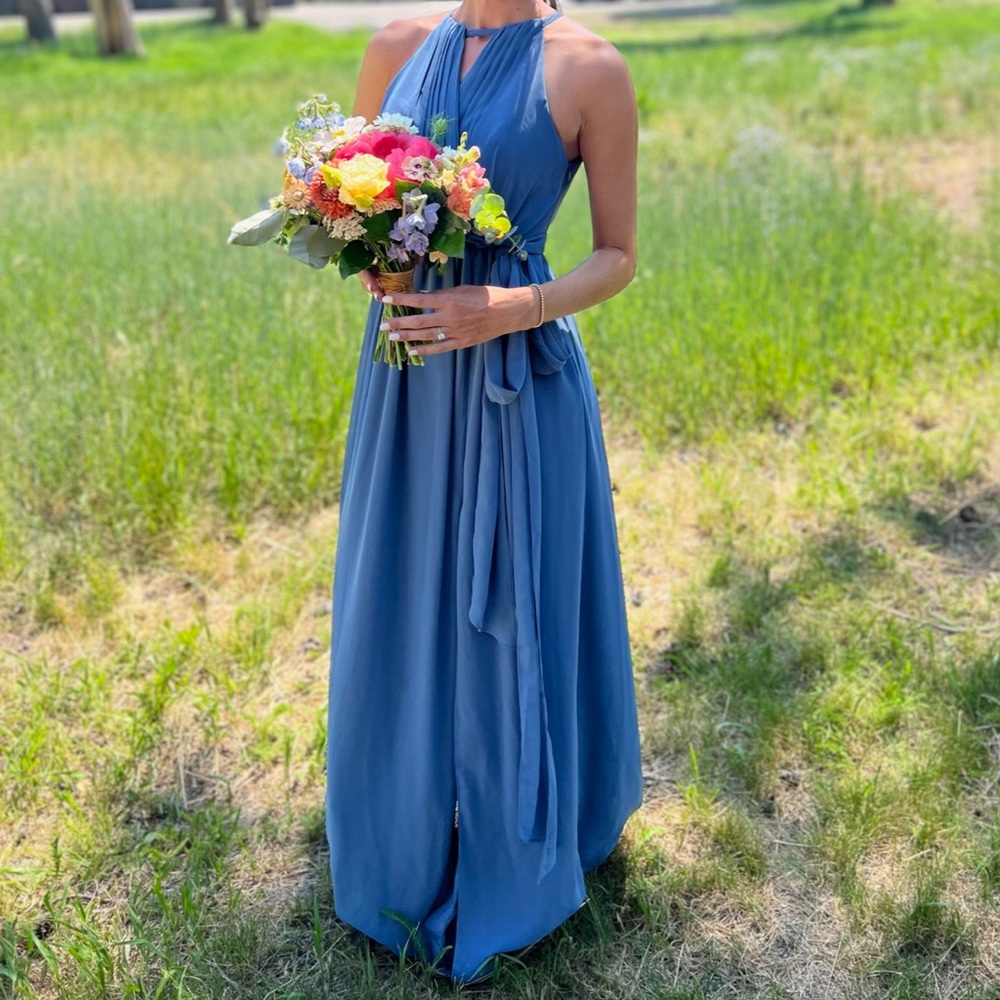 Revelry Eliza Chiffon Faux Wrap Dress Dusty Blue size 2